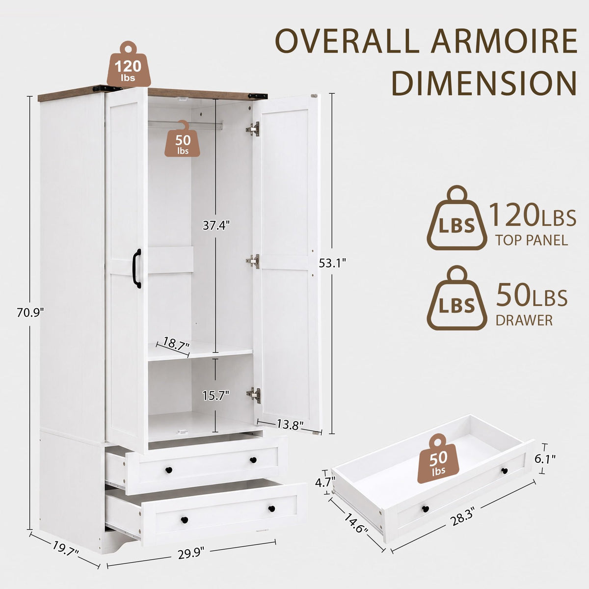 71" White Wooden Armoire Wardrobe Closet with 2 Doors & 2 Drawers G937286