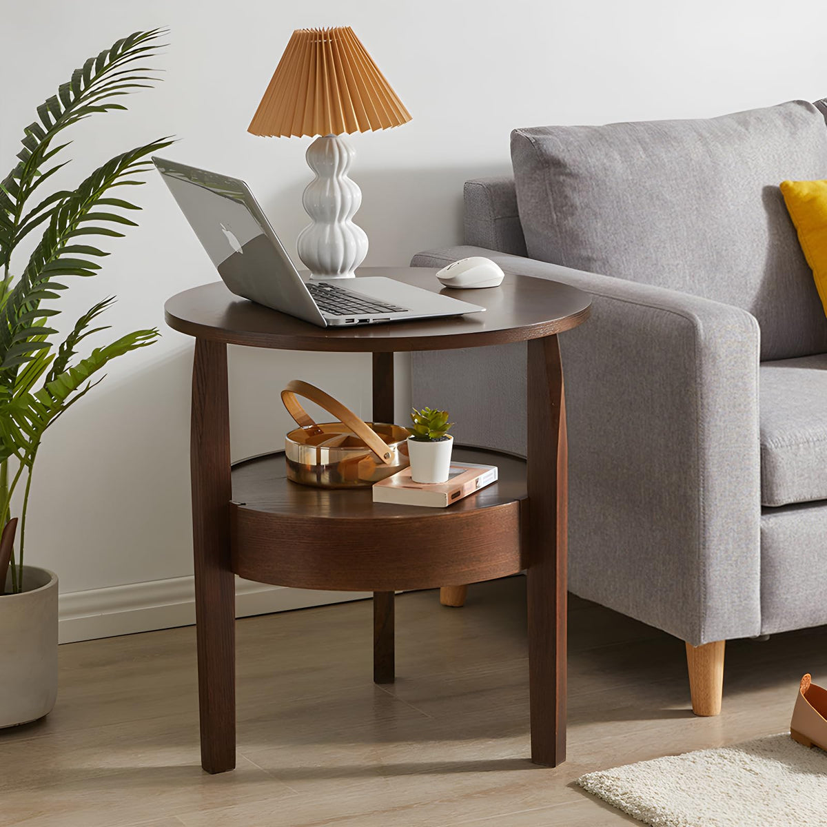 Dark Brown 2-Tier Round Coffee Table with Drawer N6507