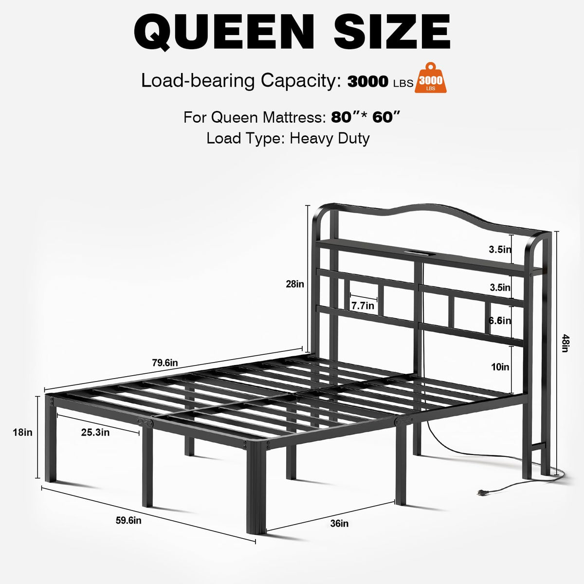 Queen 18 Inch Metal Platform Bed Frame with Headboard and Charging Station P487995
