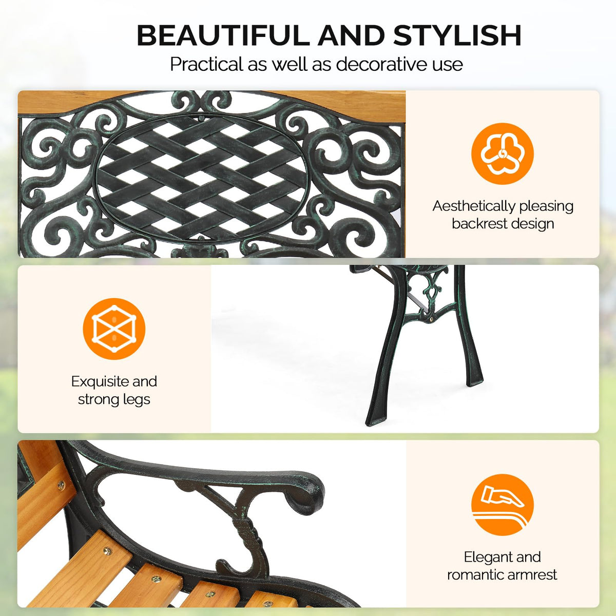 Cast Iron Teak Outdoor Bench 3-Seater E9211