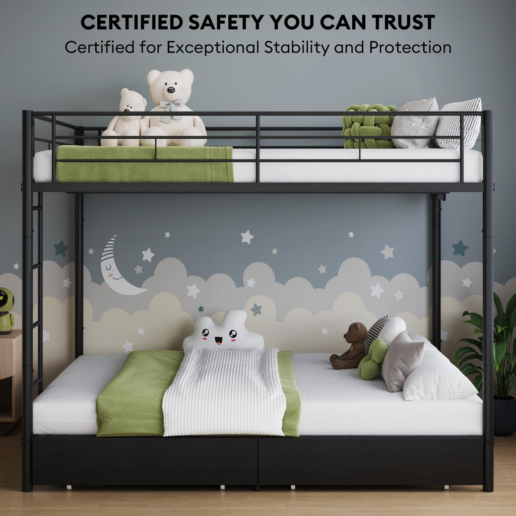 Black Twin Over Twin Metal Bunk Bed with LED Lights, USB Charging Station, 2 Drawers, Guard Rails & Ladder E1618