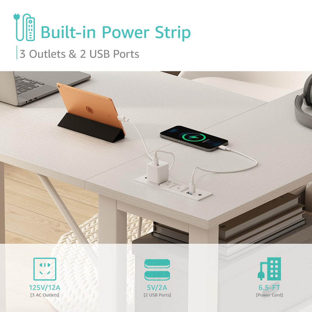 White L Shaped Computer Desk with Drawers and Storage Shelves, 47 Inch Reversible Corner Desk with Power Outlet S339800