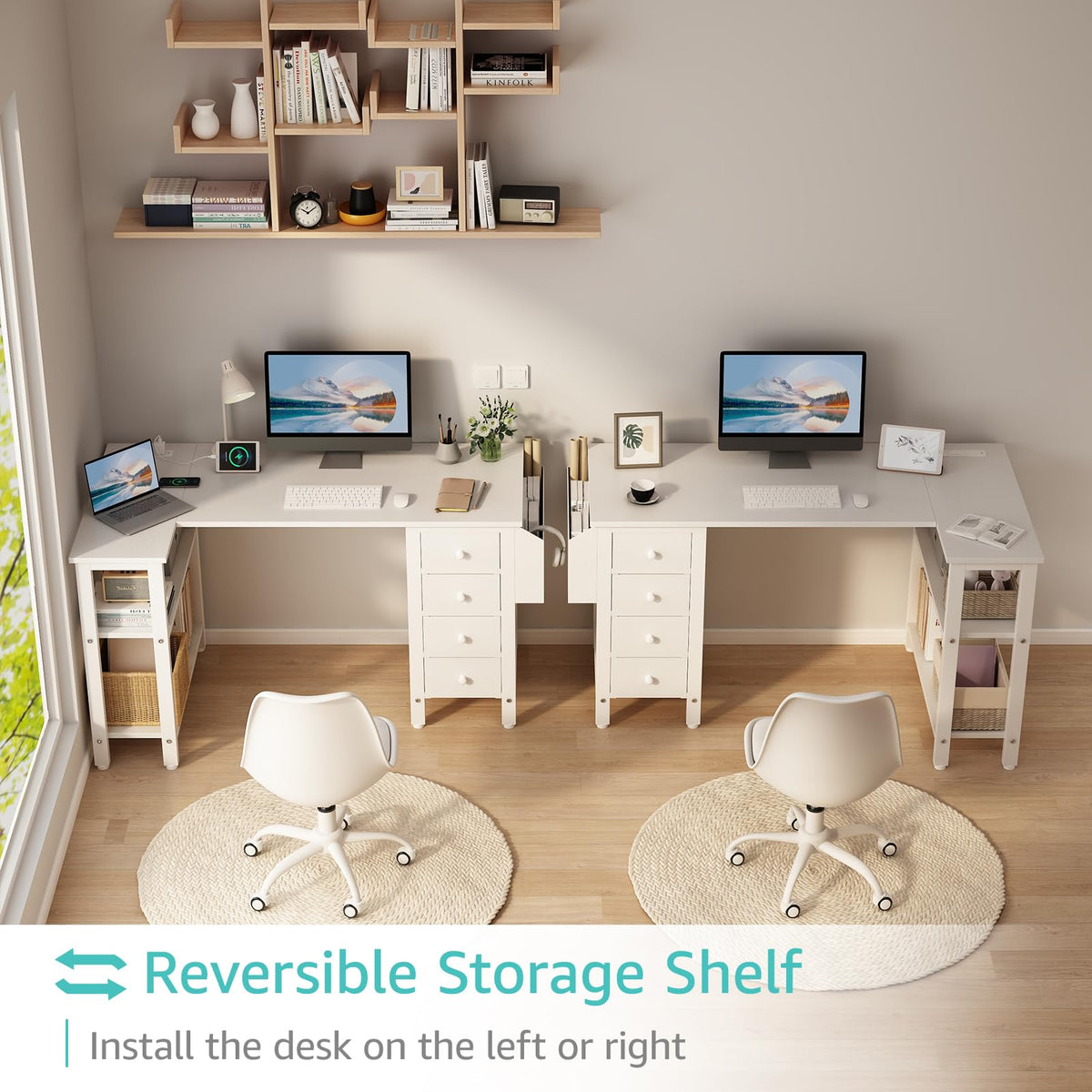 White L Shaped Computer Desk with Drawers and Storage Shelves, 47 Inch Reversible Corner Desk with Power Outlet S339800