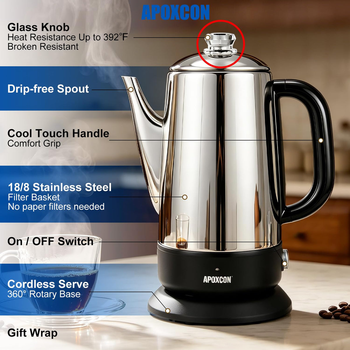 Electric Stainless Steel Coffee Percolator 1200ml 8 Cup Z89866