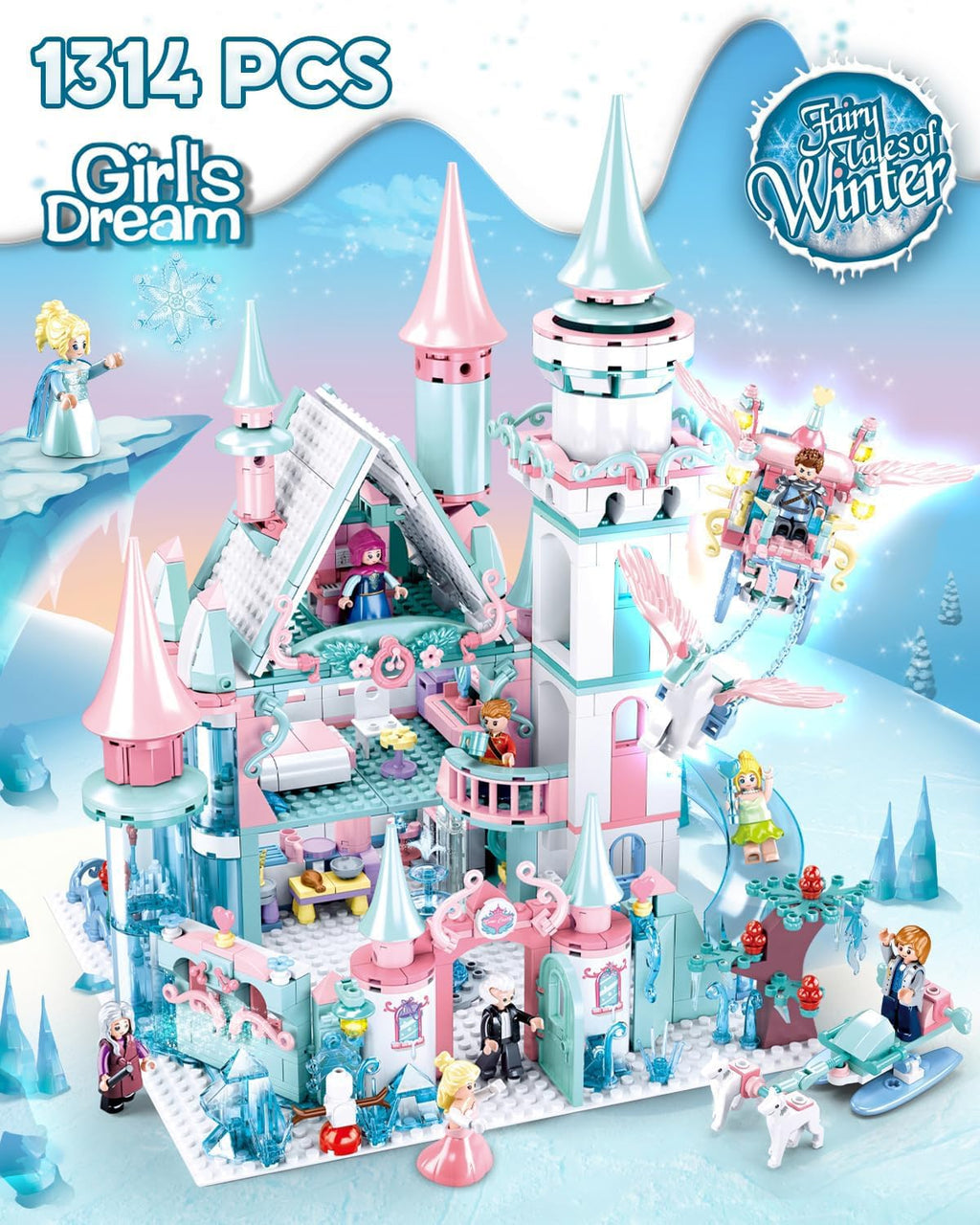Castle Building Set with Slide, Carriage & Sledge, 9 Minifigures, 1314 PCS O648