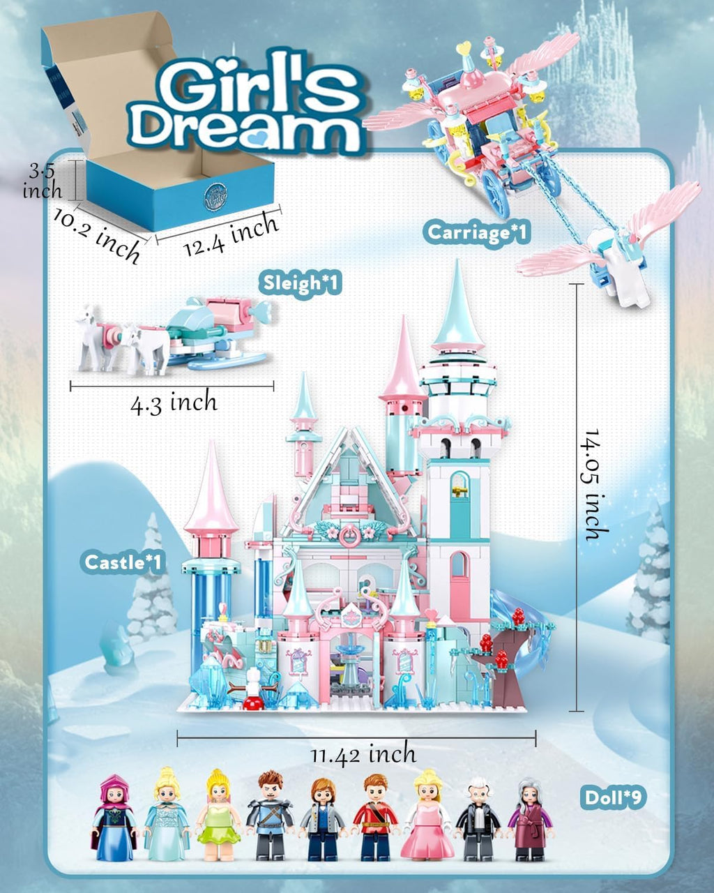 Castle Building Set with Slide, Carriage & Sledge, 9 Minifigures, 1314 PCS O648