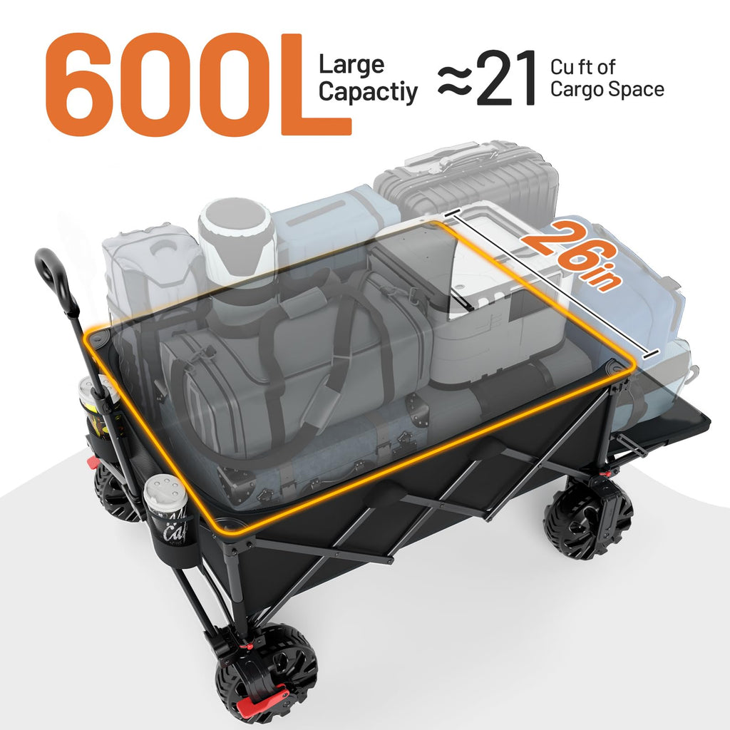 26" Extra Wide All Terrain Folding Wagon with Big Wheels, Cargo Net & Tailgate, 400lbs Heavy Duty Collapsible Cart, Black J785