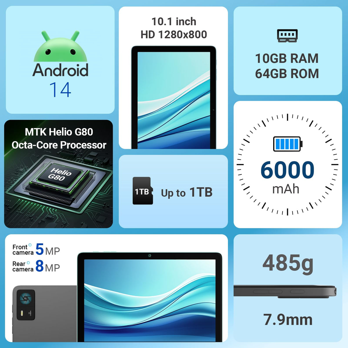 10.1" Android Tablet with Octa-core Processor 10GB RAM 64 GB ROM D527