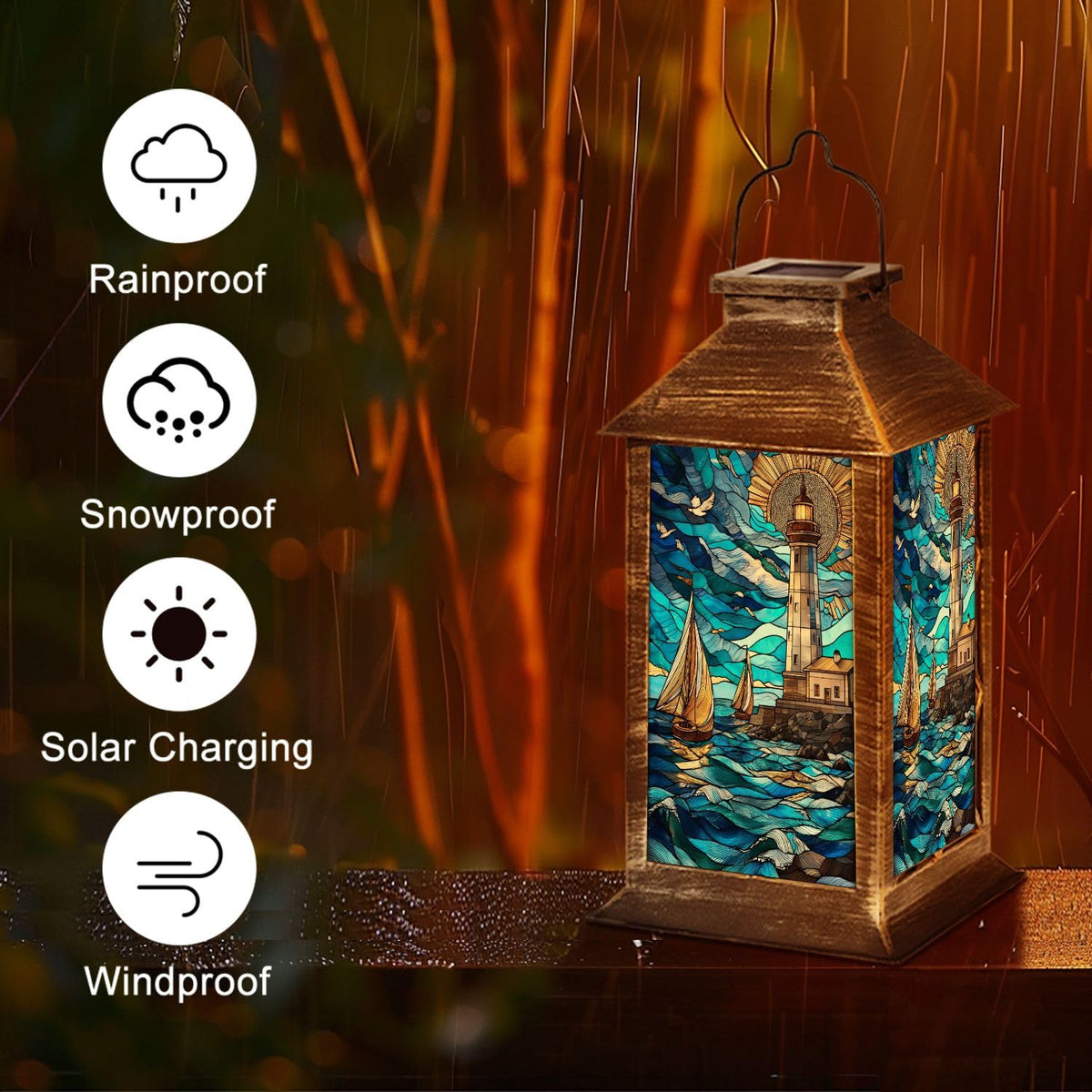Solar Lantern Stained Glass Outdoor Waterproof Hanging Solar Light U9738