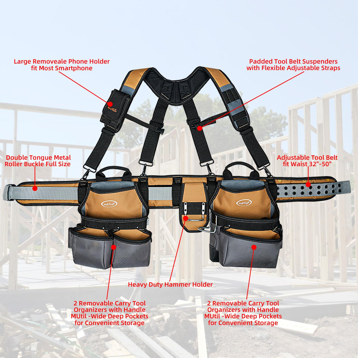 Khaki 28-Pocket Tool Belt and Suspenders I30818