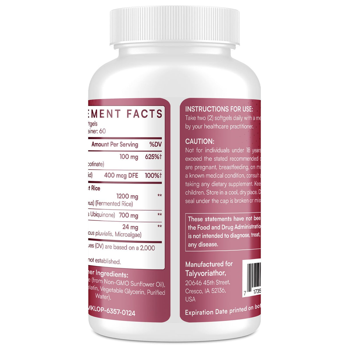 Red Yeast Rice 1200mg CoQ10 Astaxanthin 120 Softgels F559