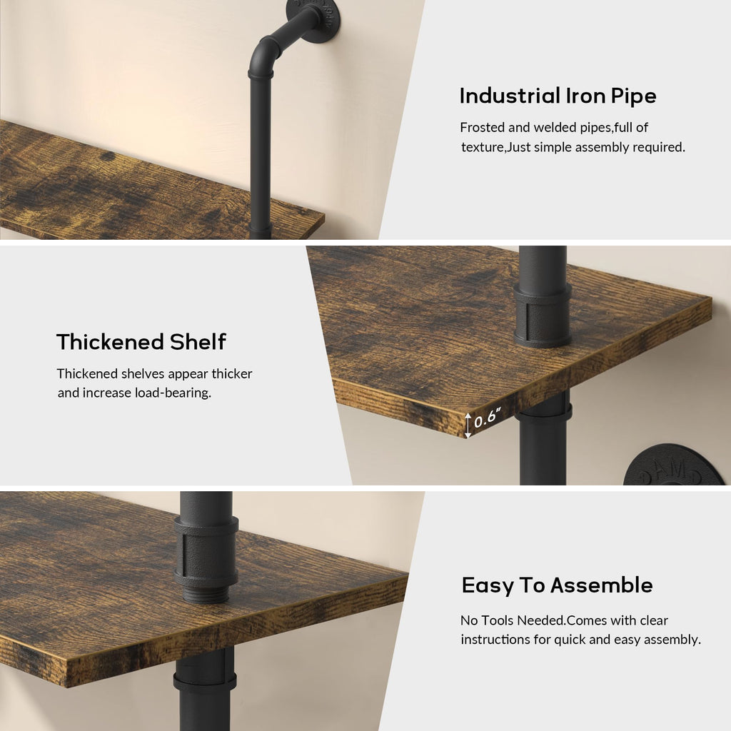 5 Tier Rustic Industrial Pipe Floating Wall Shelves C653