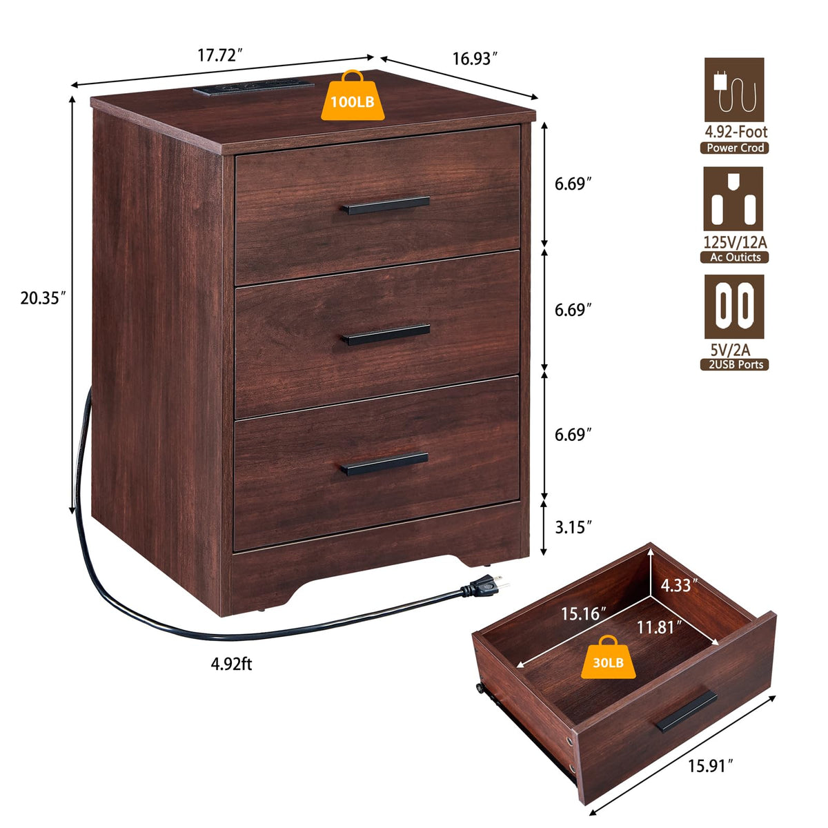 Cherry Wood 3 Drawer Dresser C5107