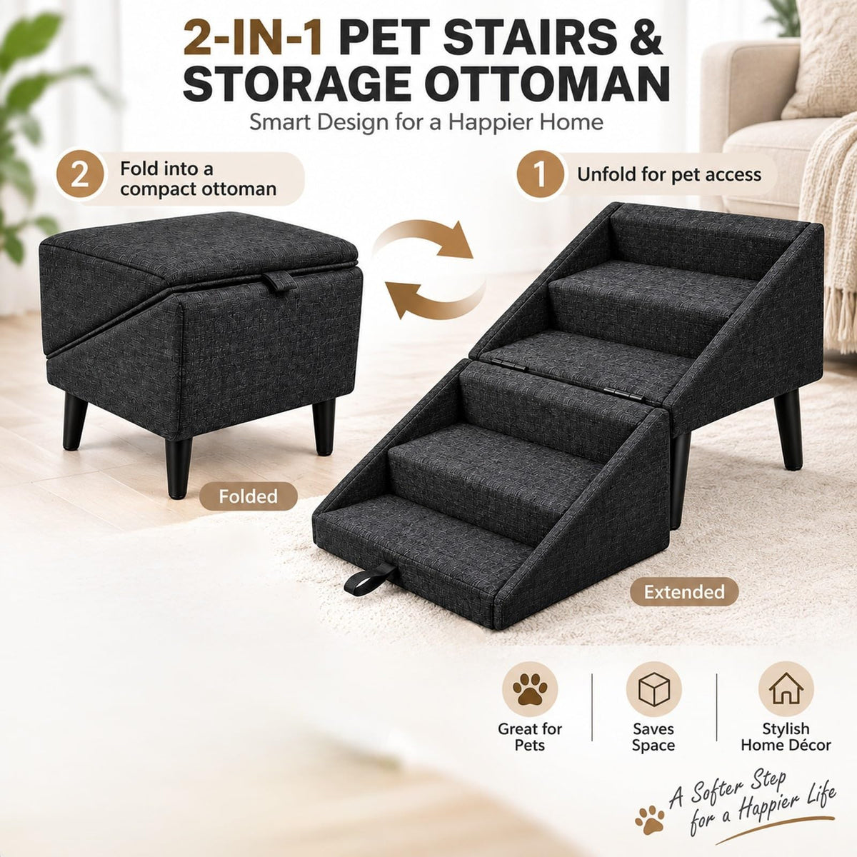 Foldable Dog Stairs Ottoman 2 in 1 Storage Pet Steps N96788