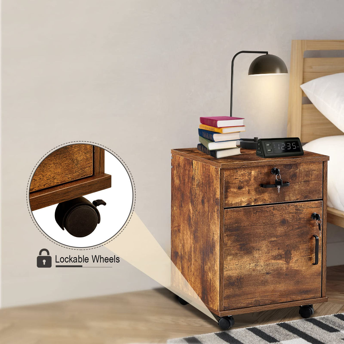 1 Drawer Wood File Cabinet with Lock and Wheels T387