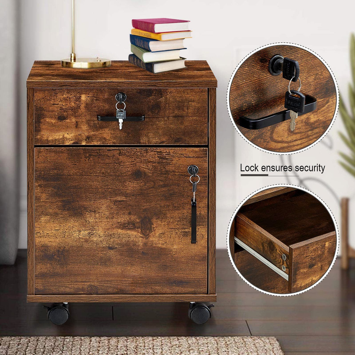 1 Drawer Wood File Cabinet with Lock and Wheels T387