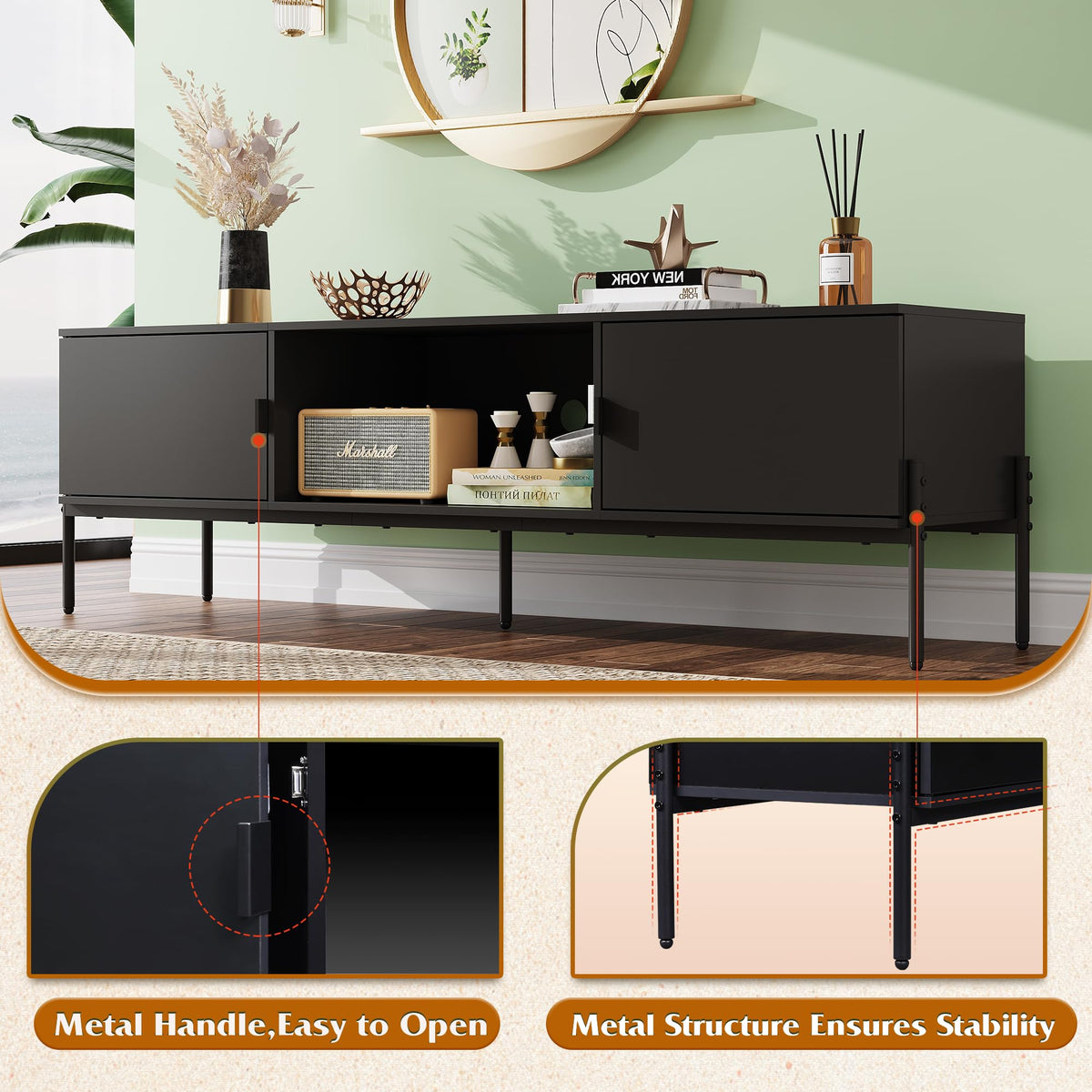 Black TV Stand with Metal Legs D713
