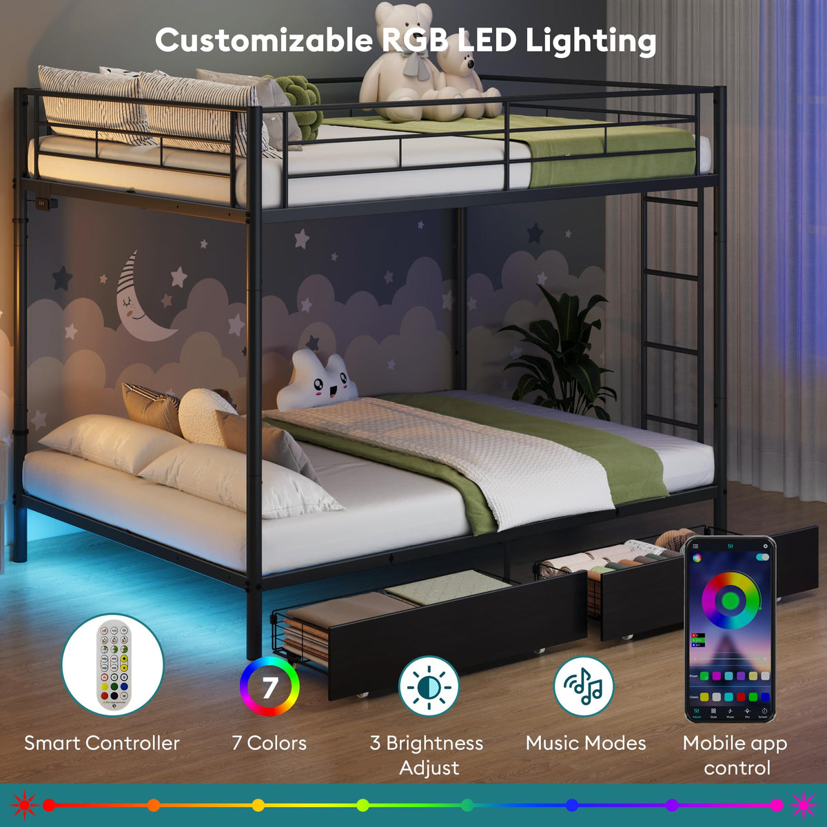 Black Twin Over Twin Metal Bunk Bed with LED Lights, USB Charging Station, 2 Drawers, Guard Rails & Ladder E1618