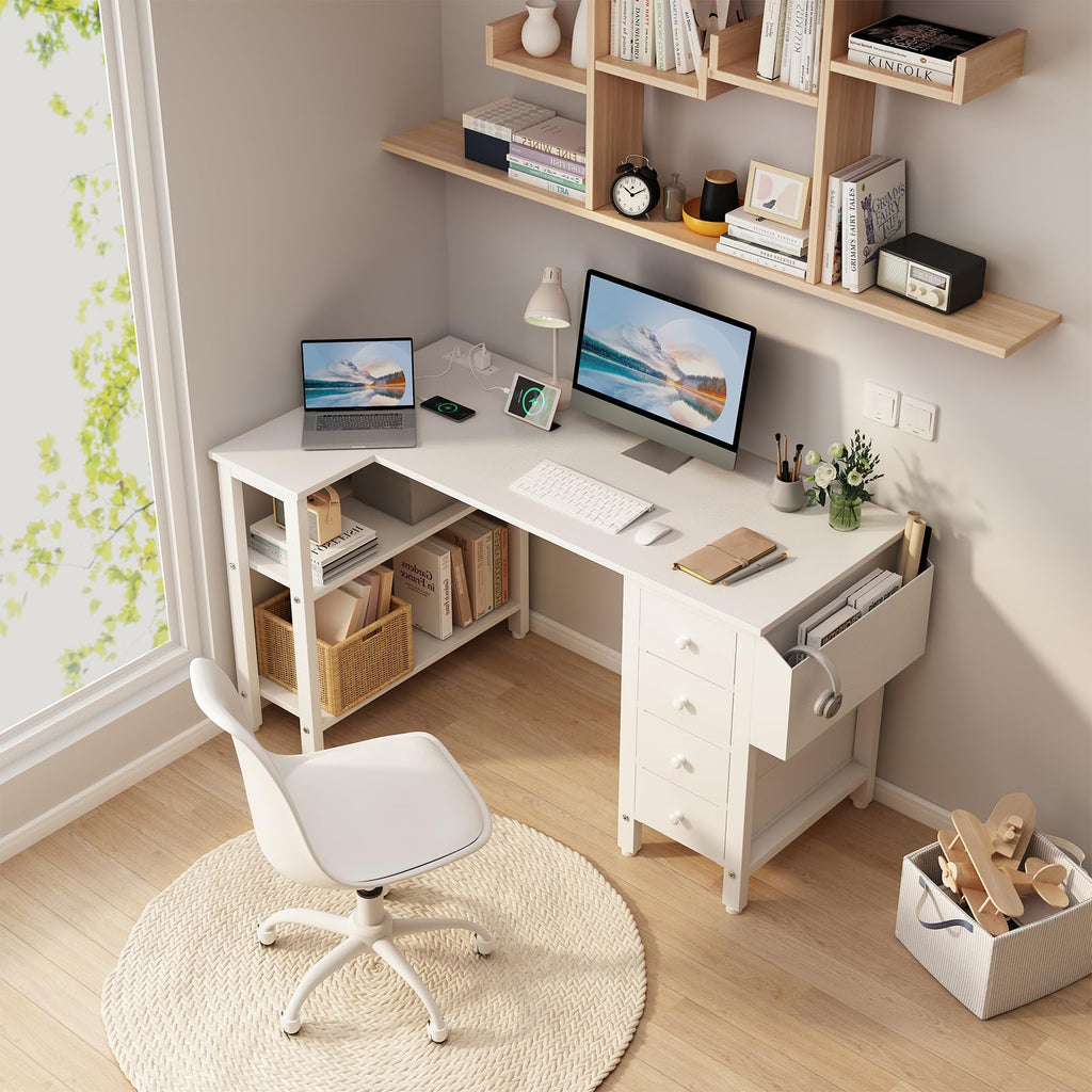 White L Shaped Computer Desk with Drawers and Storage Shelves, 47 Inch Reversible Corner Desk with Power Outlet S339800