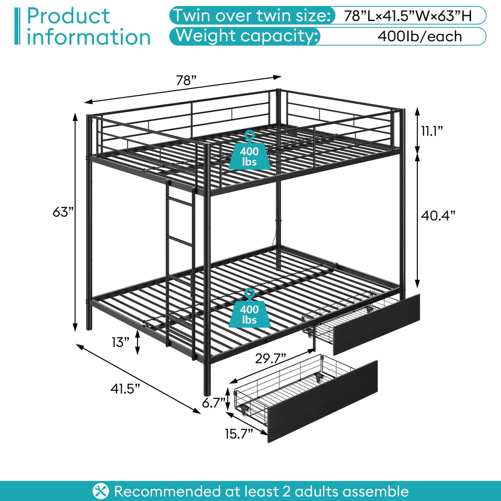 Black Twin Over Twin Metal Bunk Bed with LED Lights, USB Charging Station, 2 Drawers, Guard Rails & Ladder E1618