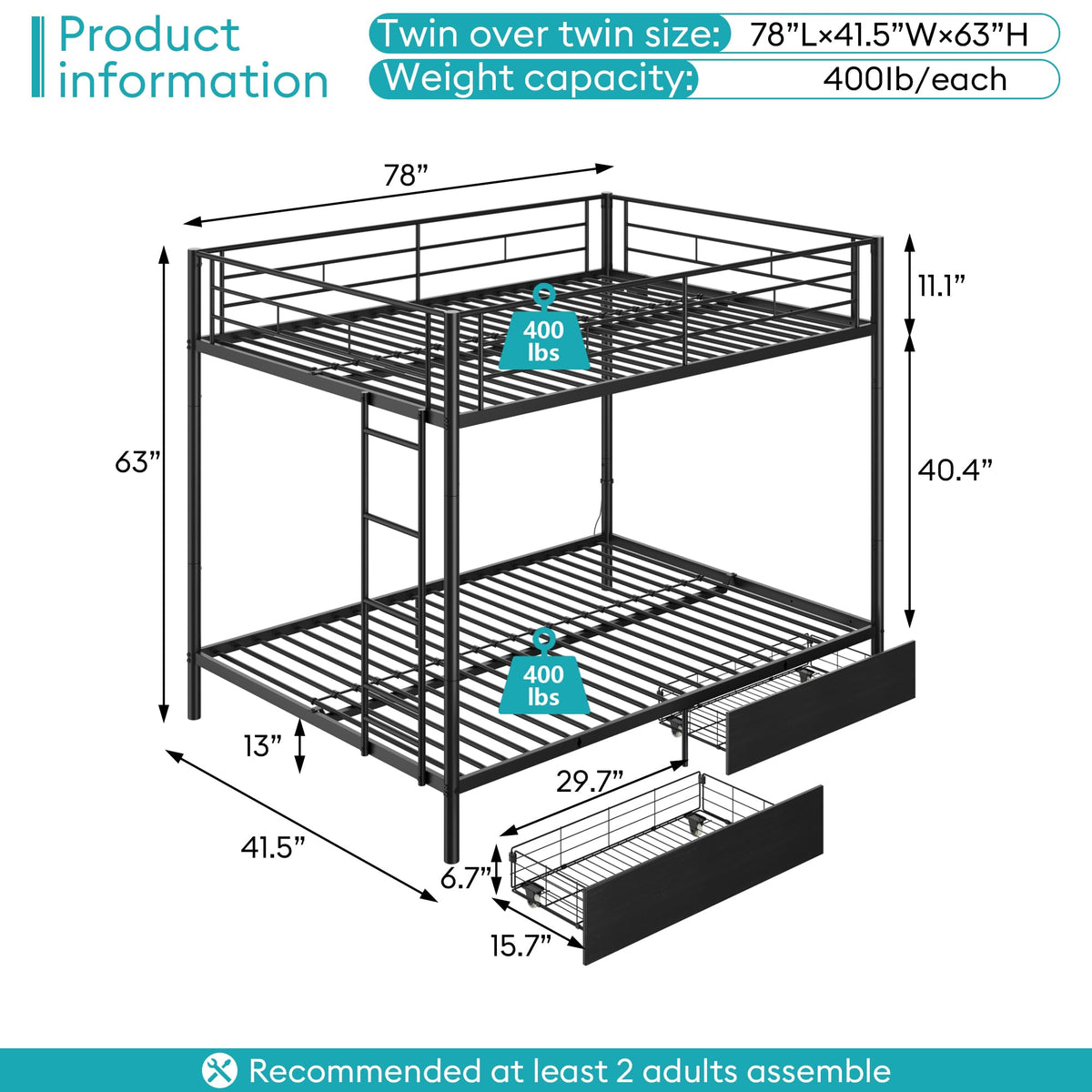 Black Twin Over Twin Metal Bunk Bed with LED Lights, USB Charging Station, 2 Drawers, Guard Rails & Ladder E1618