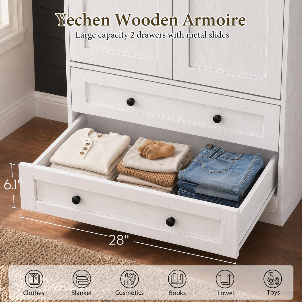 71" White Wooden Armoire Wardrobe Closet with 2 Doors & 2 Drawers G937286