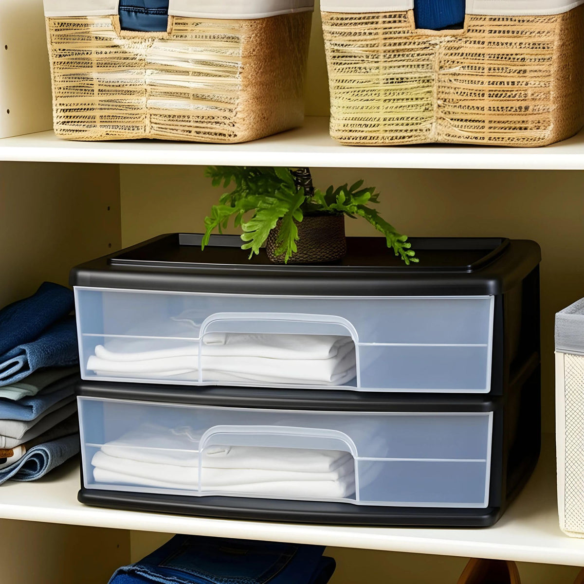 2-Tier Black Storage Drawer Tower, 2 Pack T847