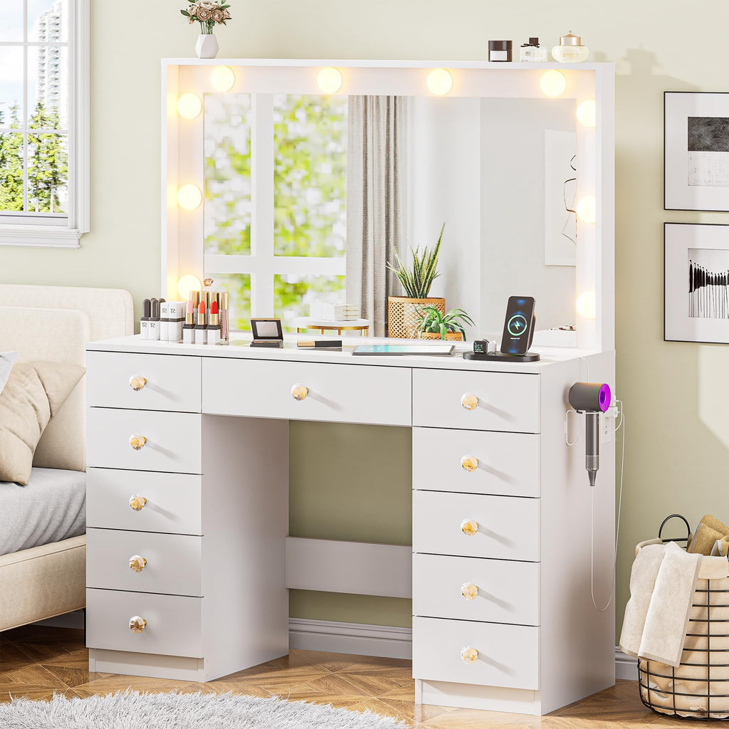 White Vanity Desk with Mirror 10 LED Lights 11 Drawers O20292