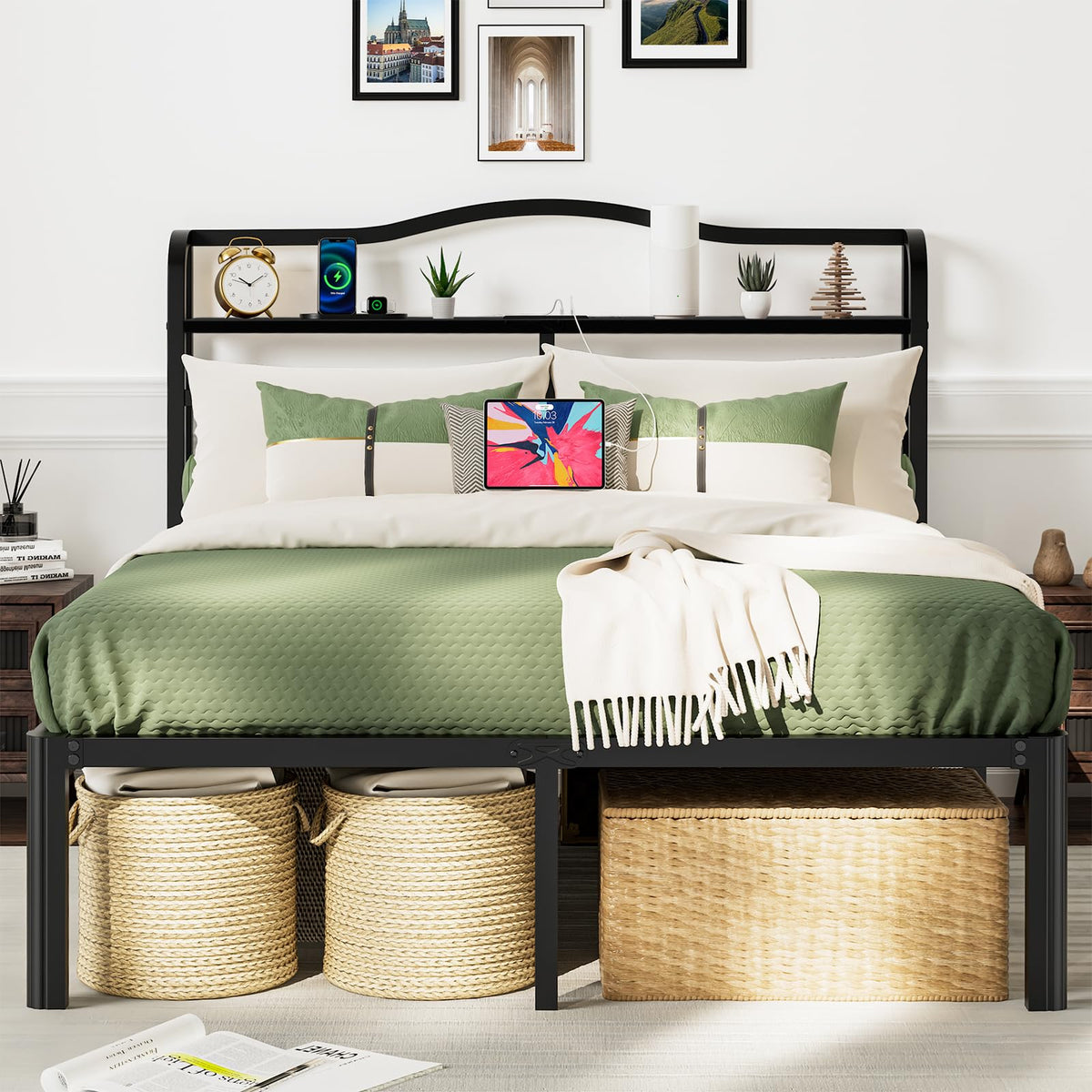 Queen 18 Inch Metal Platform Bed Frame with Headboard and Charging Station P487995