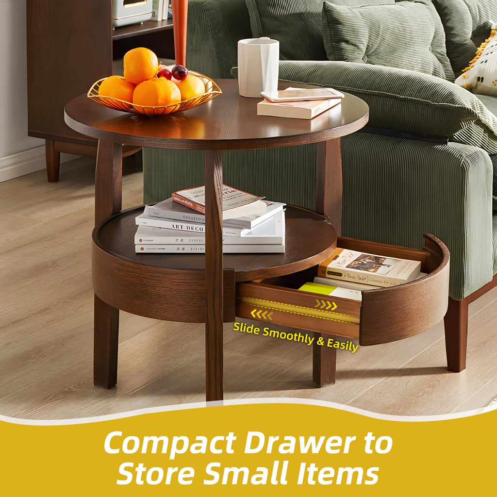 Dark Brown 2-Tier Round Coffee Table with Drawer N6507