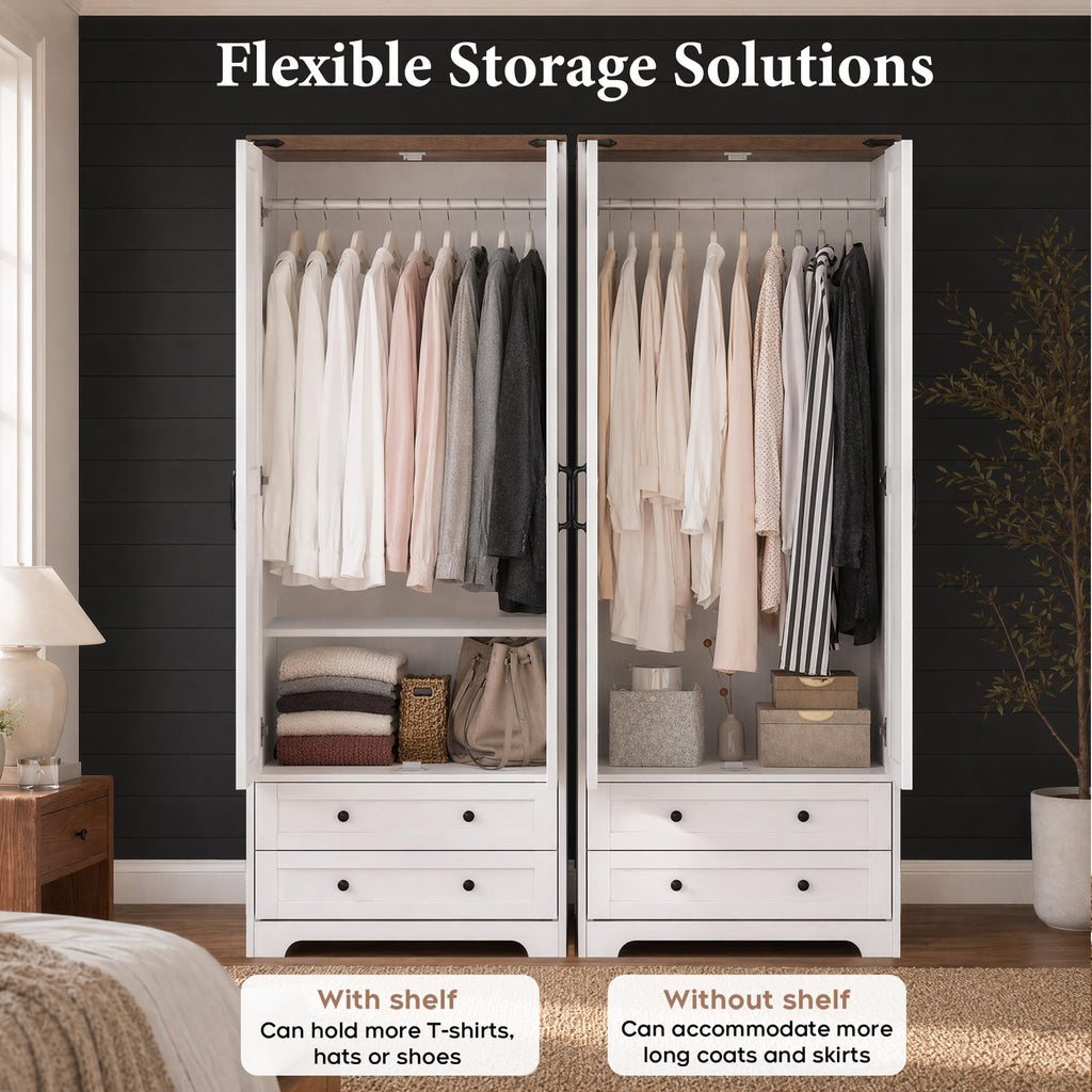 71" White Wooden Armoire Wardrobe Closet with 2 Doors & 2 Drawers G937286
