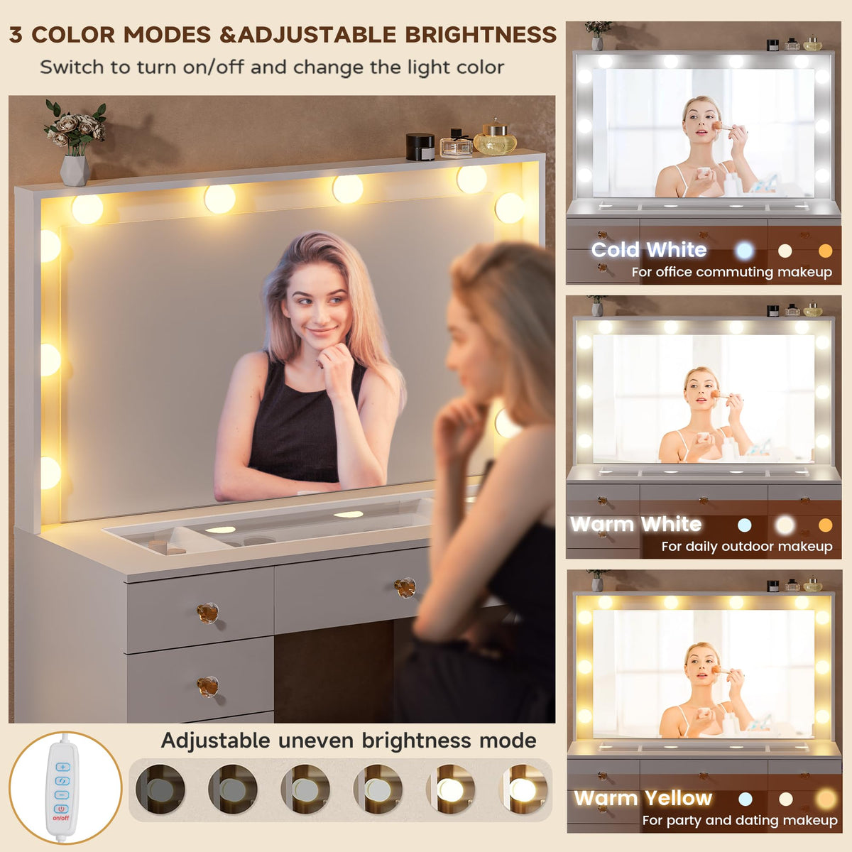 White Vanity Desk with Mirror 10 LED Lights 11 Drawers O20292