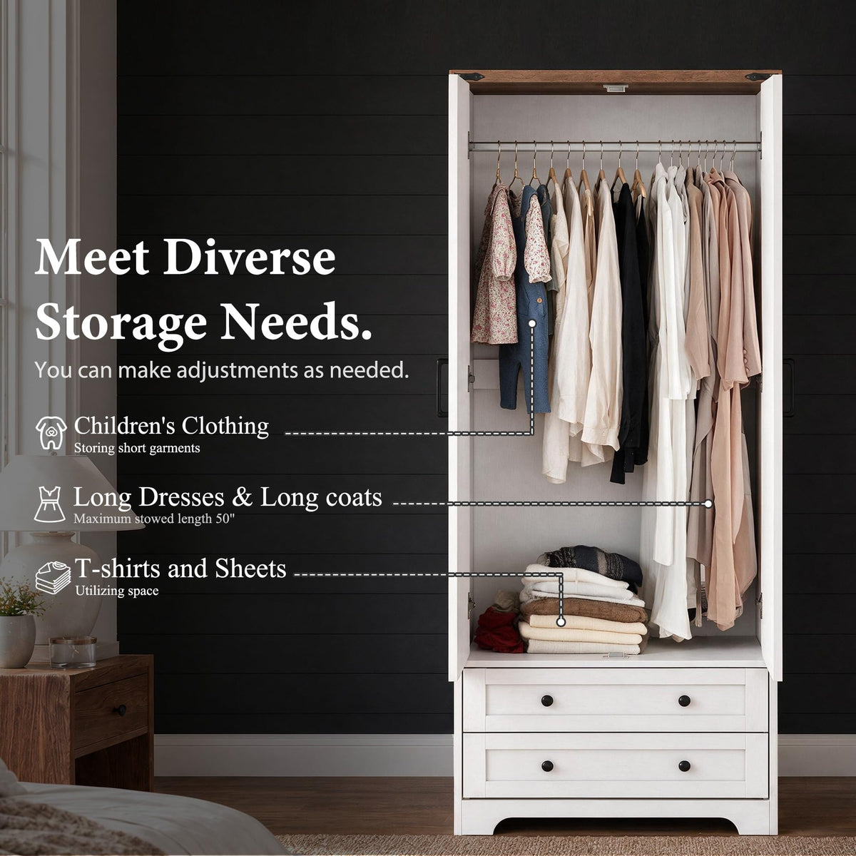 71" White Wooden Armoire Wardrobe Closet with 2 Doors & 2 Drawers G937286