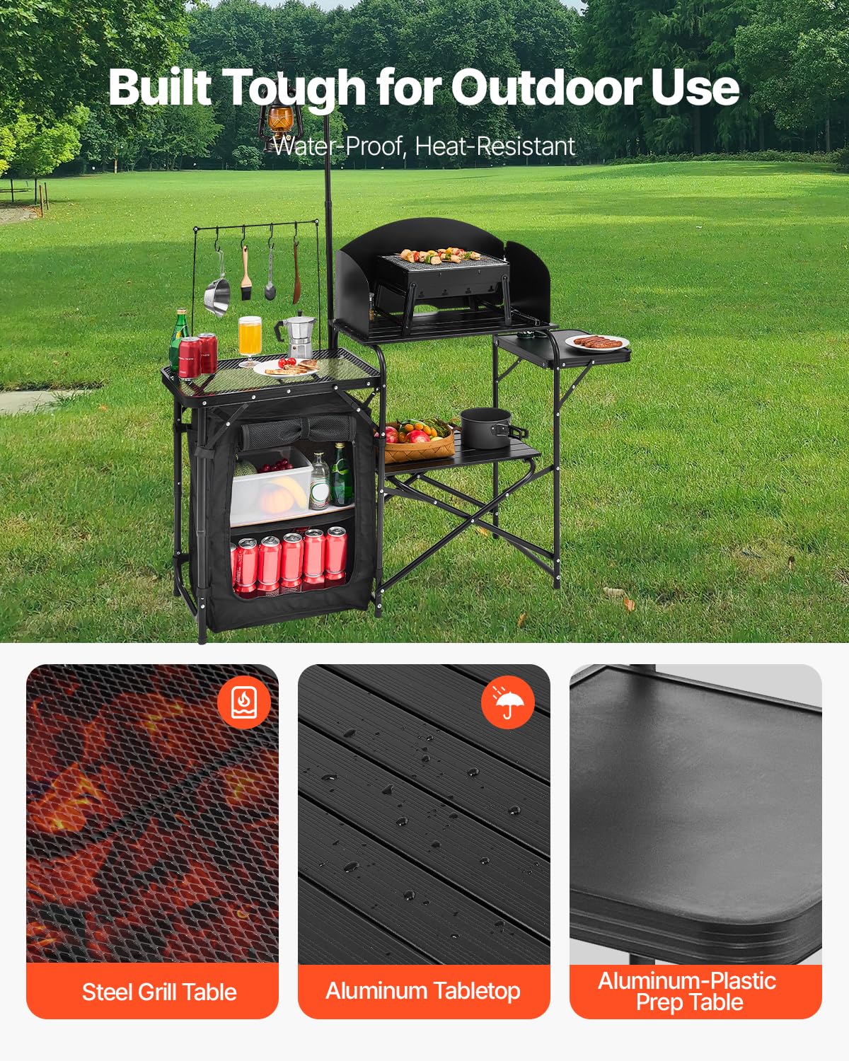 Black Aluminum Camping Kitchen Table with Storage Cupboard P187768