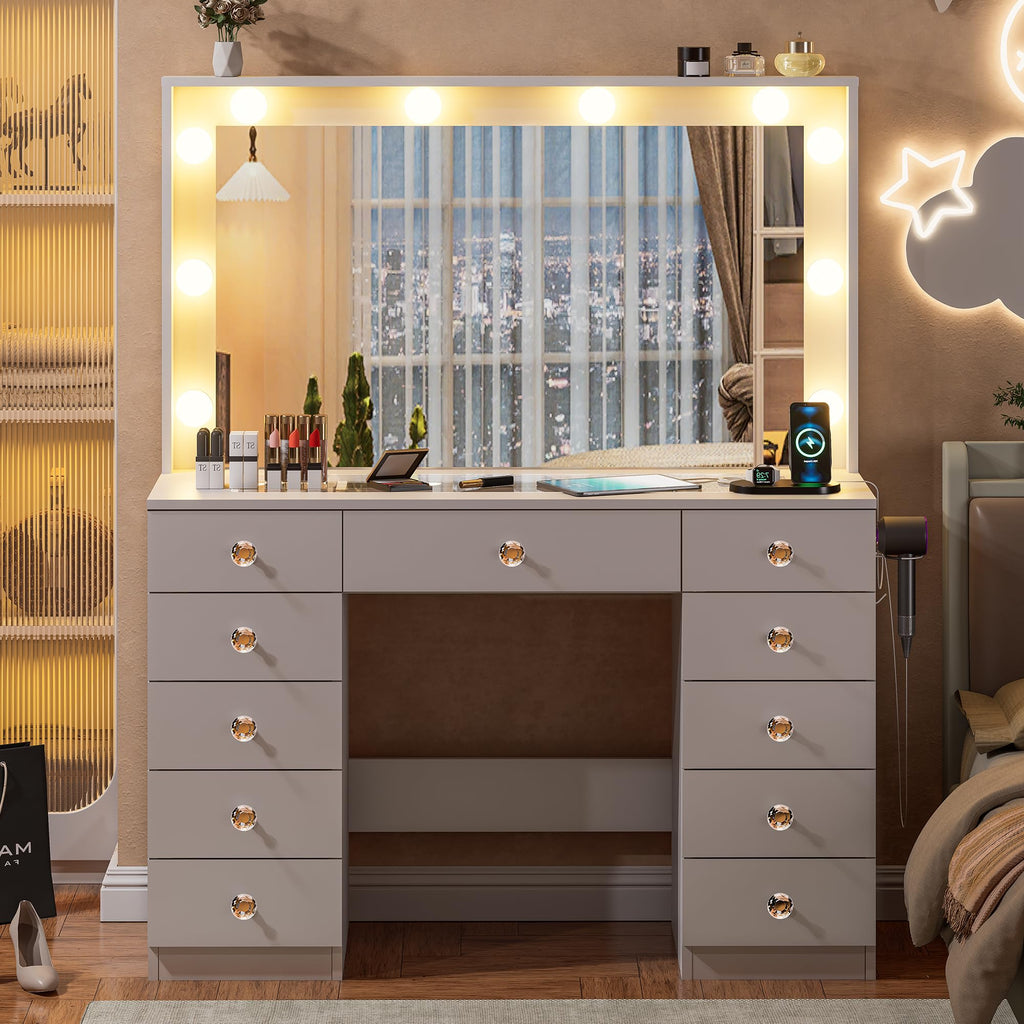 White Vanity Desk with Mirror 10 LED Lights 11 Drawers O20292