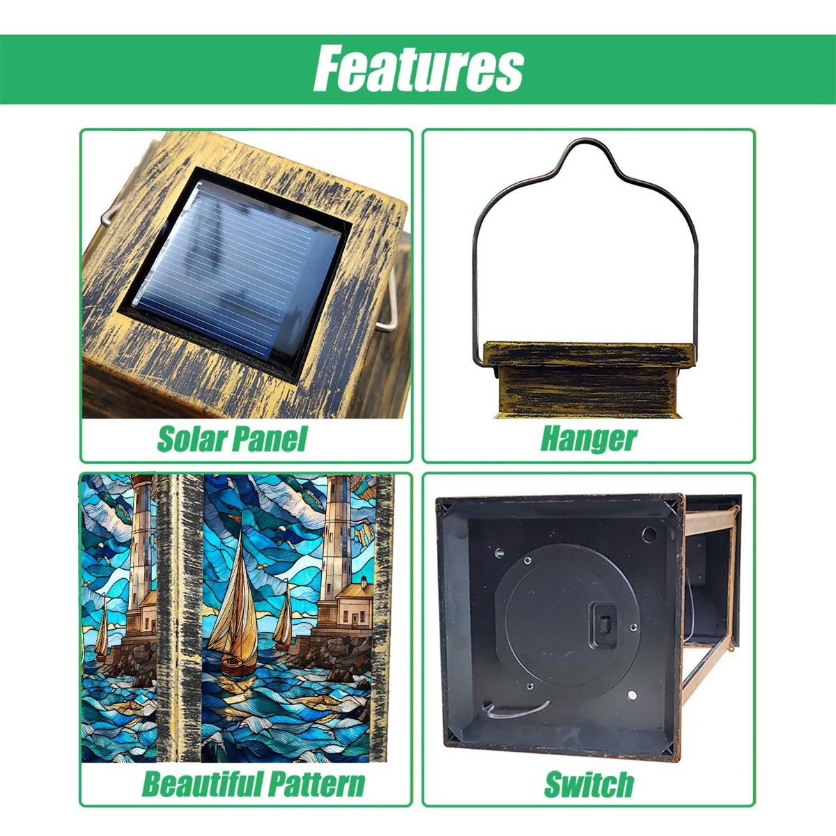 Solar Lantern Stained Glass Outdoor Waterproof Hanging Solar Light U9738