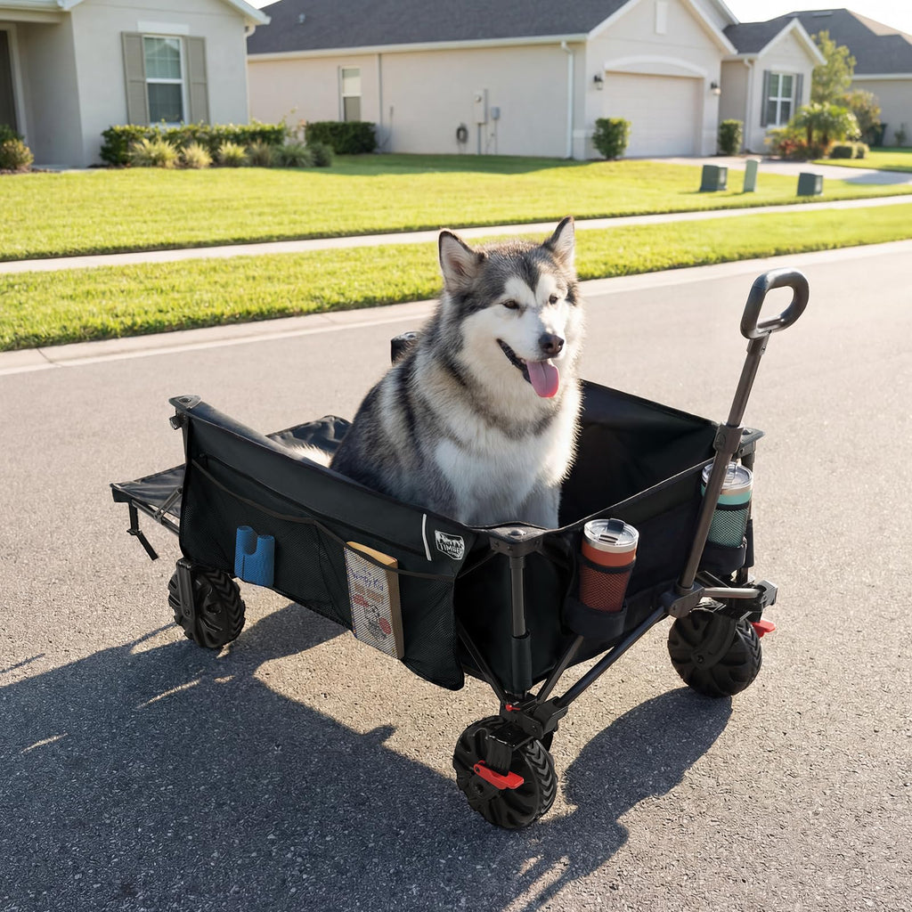 26" Extra Wide All Terrain Folding Wagon with Big Wheels, Cargo Net & Tailgate, 400lbs Heavy Duty Collapsible Cart, Black J785