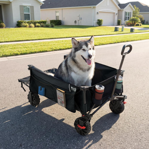 26" Extra Wide All Terrain Folding Wagon with Big Wheels, Cargo Net & Tailgate, 400lbs Heavy Duty Collapsible Cart, Black J785