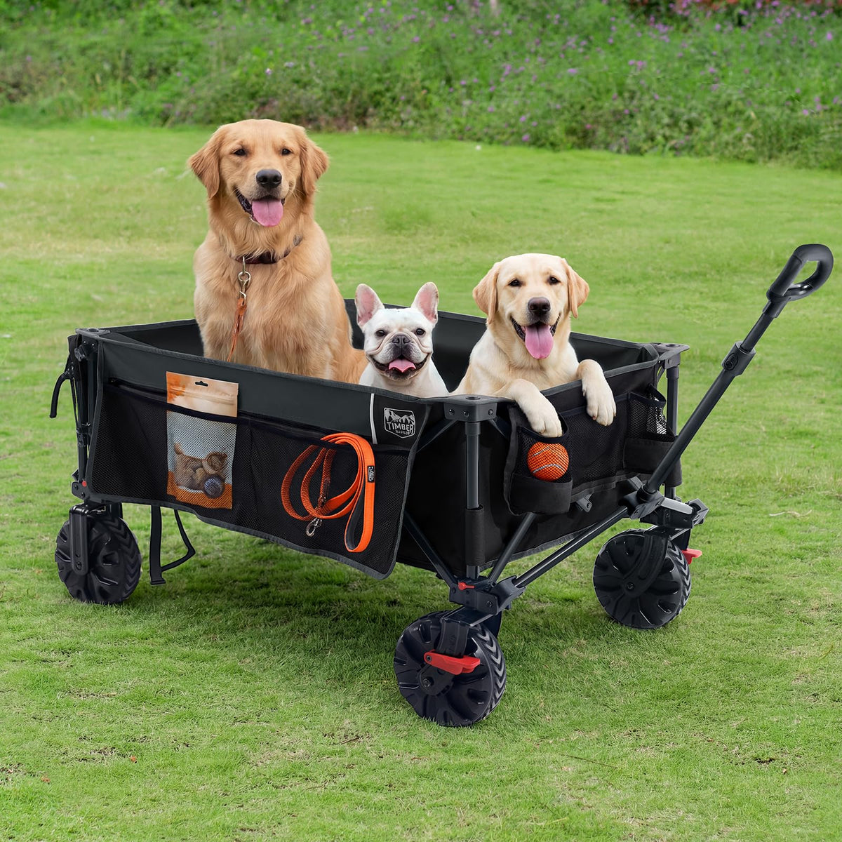 26" Extra Wide All Terrain Folding Wagon with Big Wheels, Cargo Net & Tailgate, 400lbs Heavy Duty Collapsible Cart, Black J785