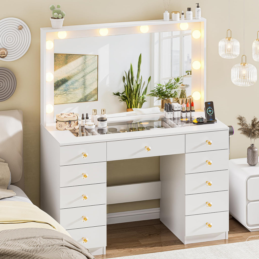 White Vanity Desk with Mirror 10 LED Lights 11 Drawers O20292