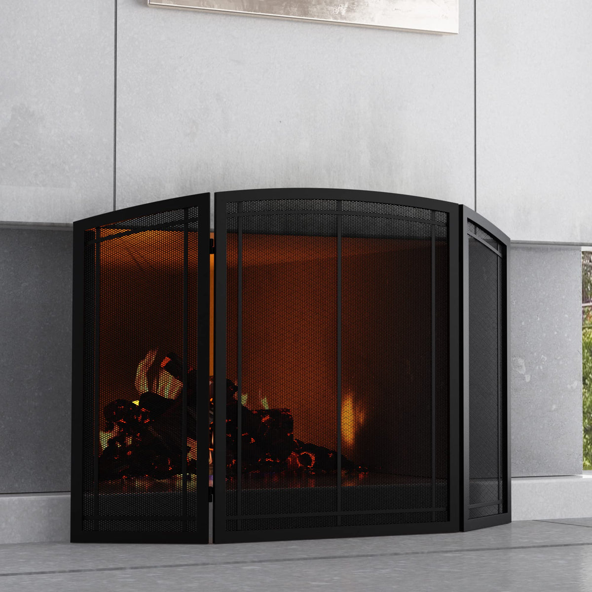 Black 3 Panel Wrought Iron Fireplace Screen 48x30 Inch Y168716