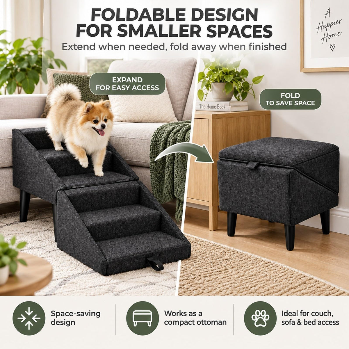 Foldable Dog Stairs Ottoman 2 in 1 Storage Pet Steps N96788
