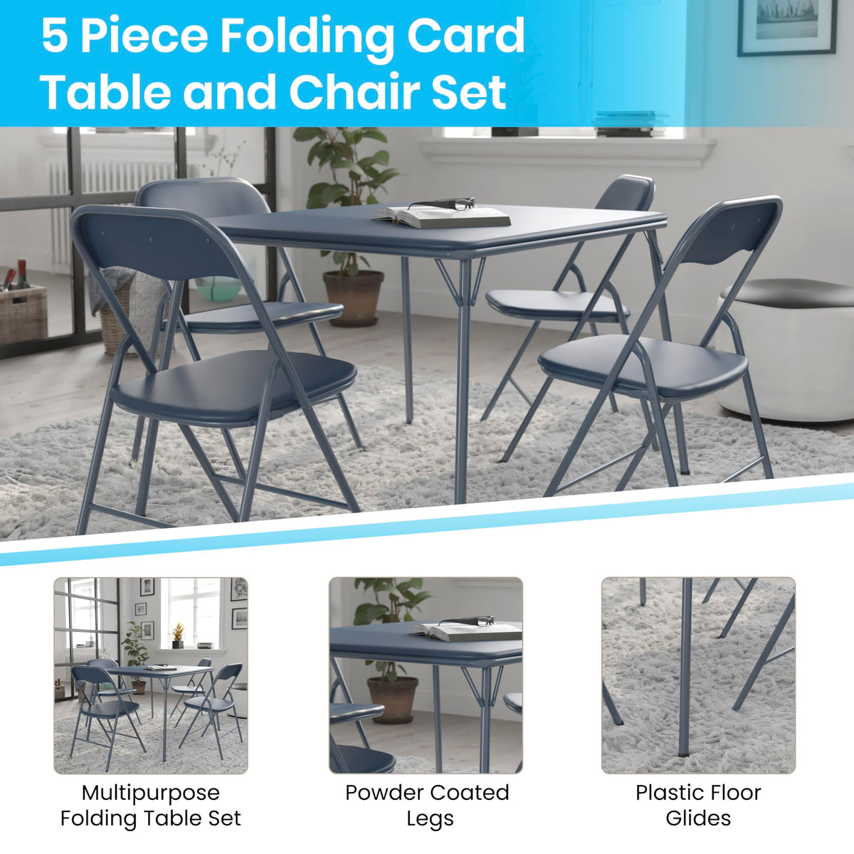 Navy Square Folding Card Table and Chairs Set Z407395