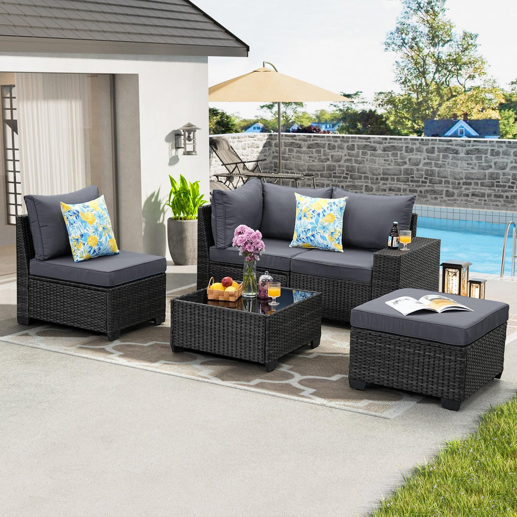 5 Pieces Wicker PE Rattan Patio Furniture Set with Cushion & Coffee Table, Grey P28874