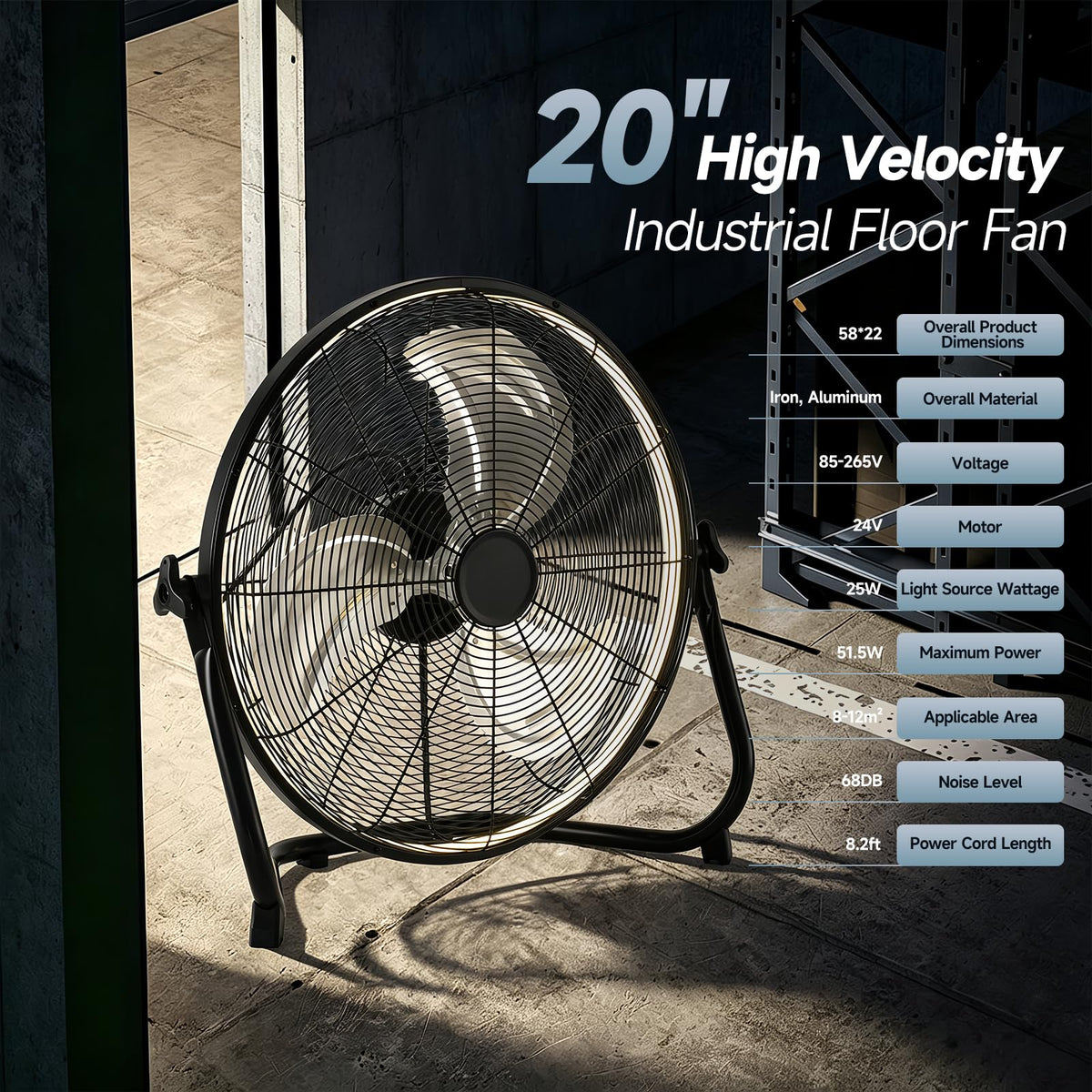 20" High Velocity Metal Floor Fan with Light D45313