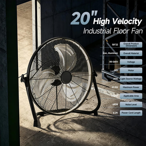 20" High Velocity Metal Floor Fan with Light D45313
