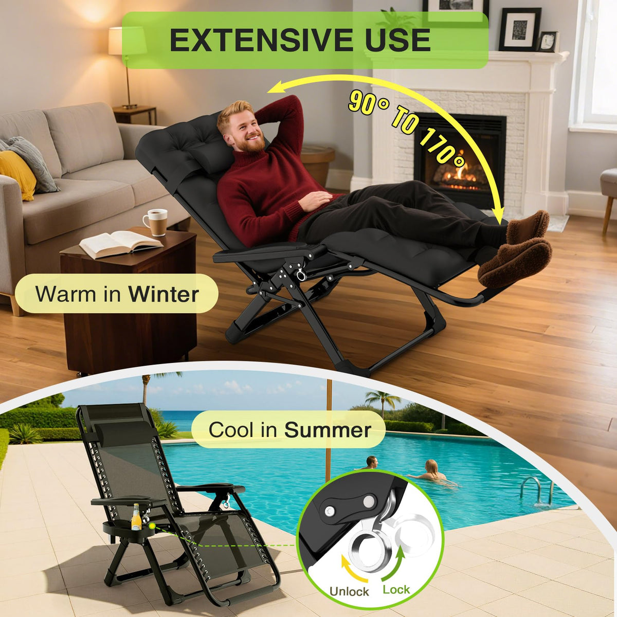 Zero Gravity Reclining Camping Chair Set of 2 with Cushion U4758
