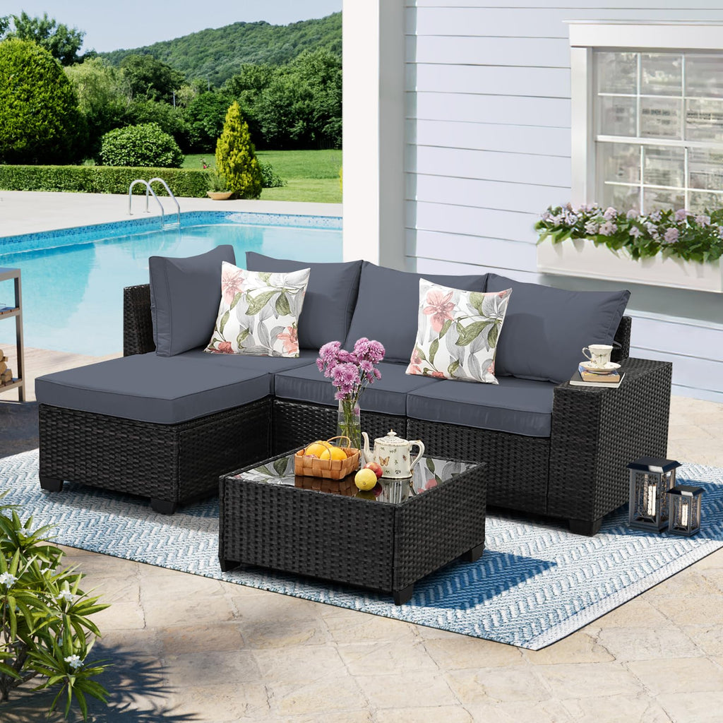 5 Pieces Wicker PE Rattan Patio Furniture Set with Cushion & Coffee Table, Grey P28874