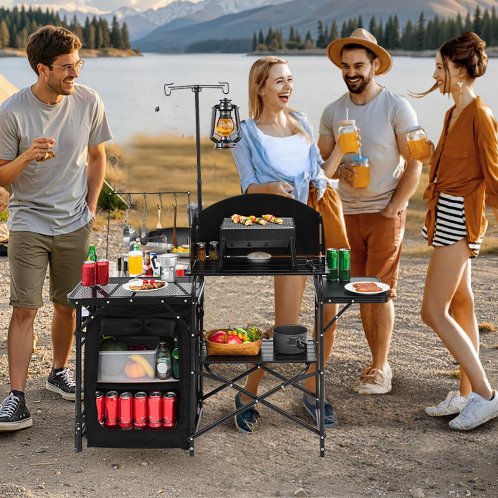 Black Aluminum Camping Kitchen Table with Storage Cupboard P187768
