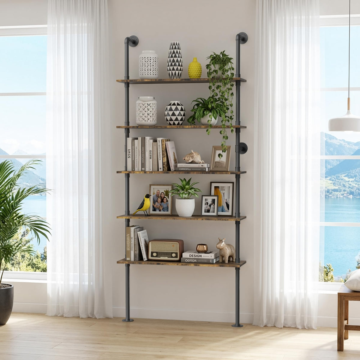 5 Tier Rustic Industrial Pipe Floating Wall Shelves C653